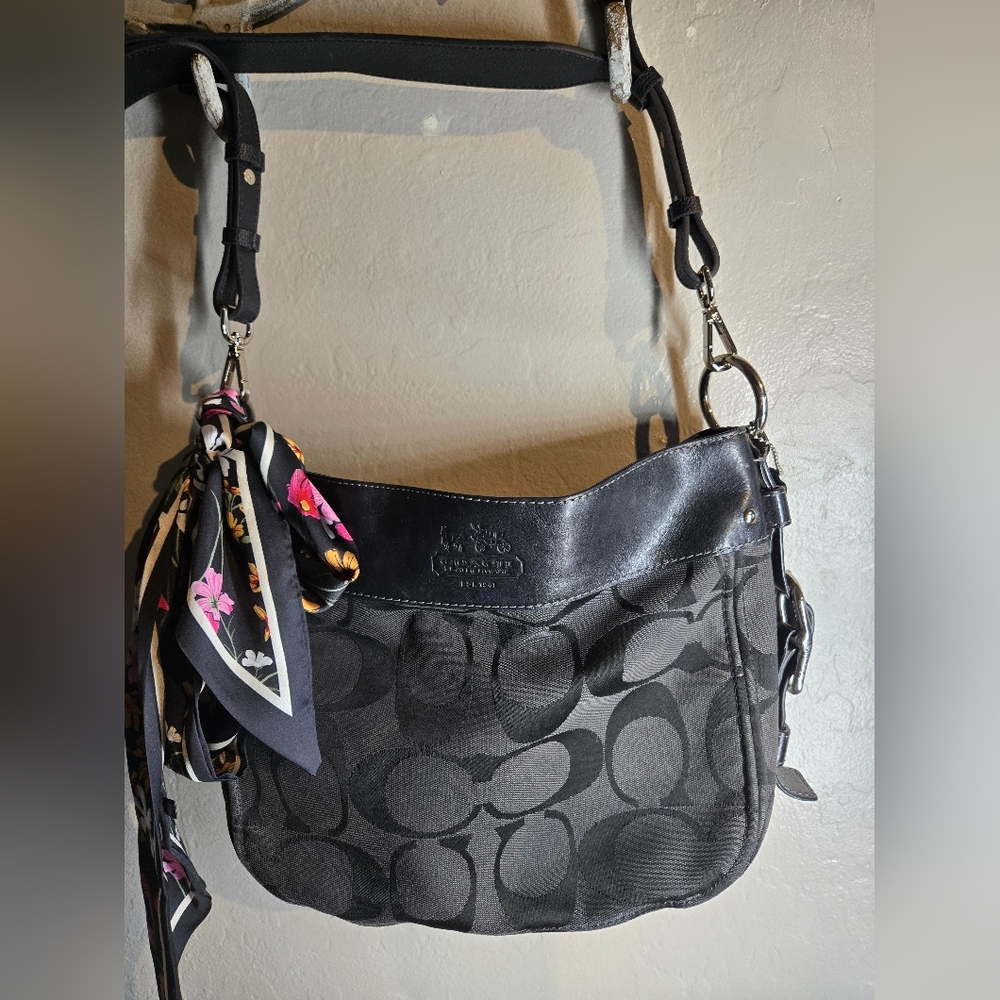 Coach Black Leather Shoulder Bag with Monogram